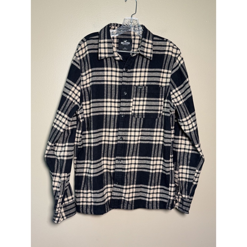 Hollister Mens Tan and Black Plaid Flannel Button Up Shirt Size L